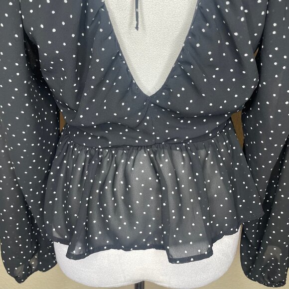 H&M Polka Dot Plunge V-Neck Back Tie Balloon Sleeve Peplum Blouse Coquettegirl L - Picture 8 of 15